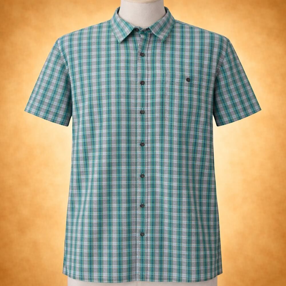Patagonia Men’s Short Sleeve Green Gray Striped Casual Button Down Shirt Small